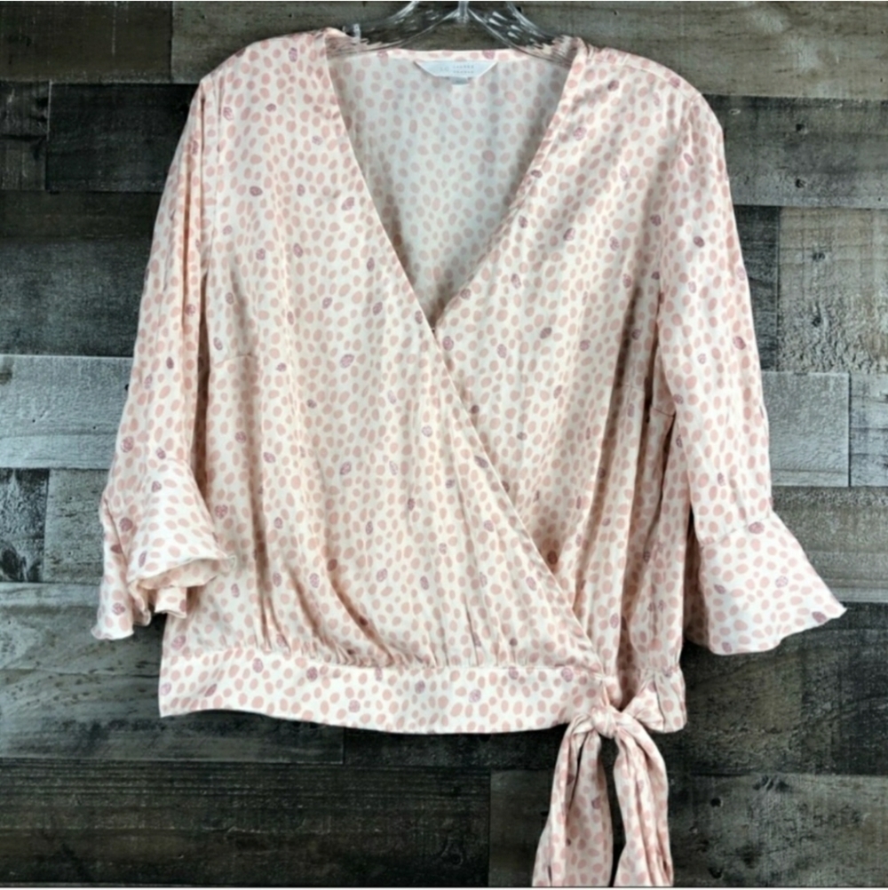 LC Lauren Conrad Pink Polka Dot‎ Bell Sleeve Faux Wrap Top Blouse Women's Medium